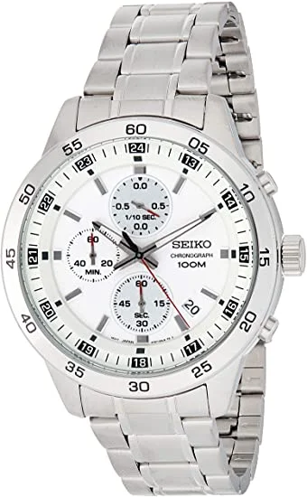 SEIKO GENTS CHRONO 100M WHITE FACE SILVER CASE BAND