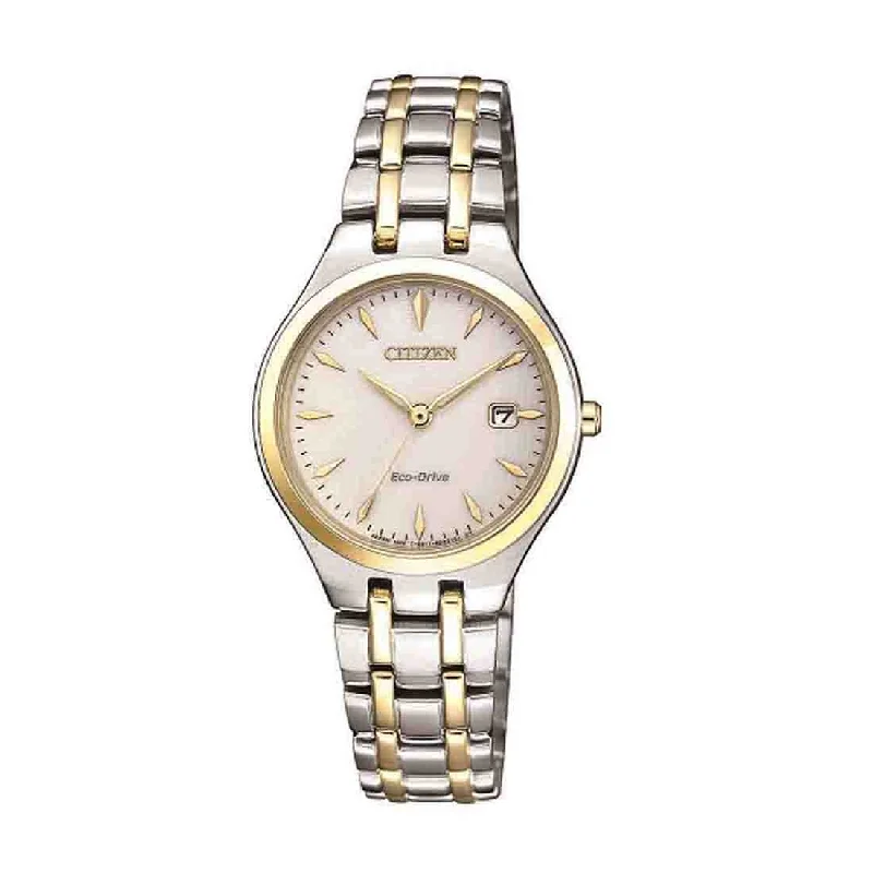 Citizen Eco Drive Ladies Drive Date 2 Tone Gold Silver Band Model EW2484-82B