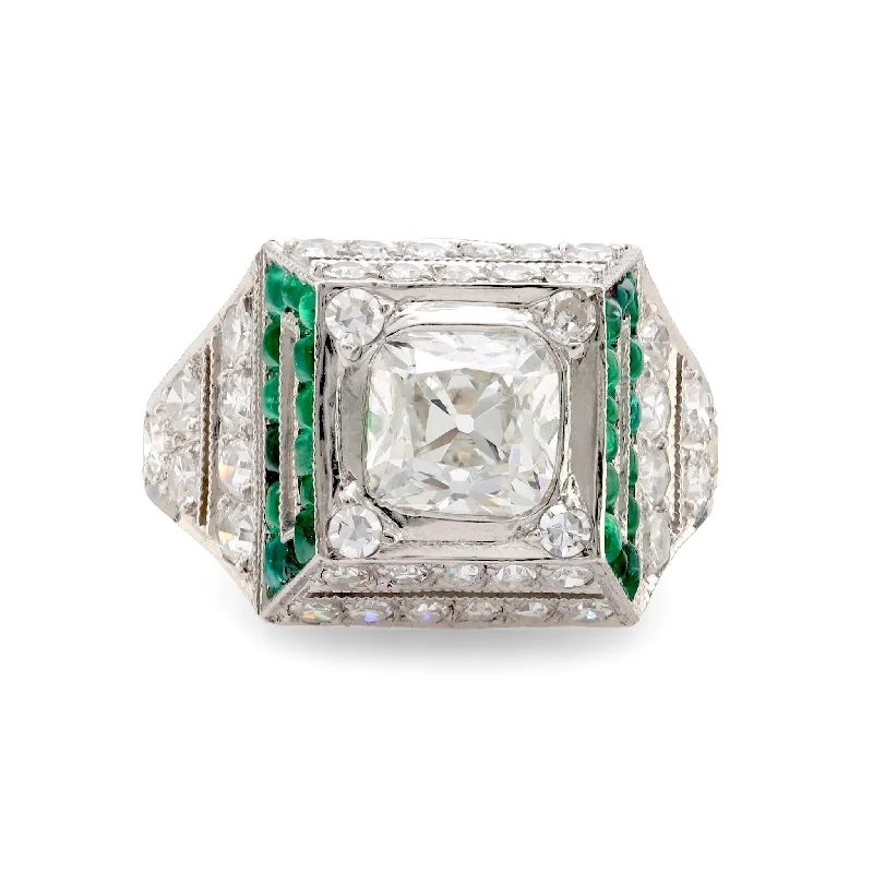 modern diamond engagement rings -Art Deco GIA 1.51 carat old mine diamond emerald platinum ring