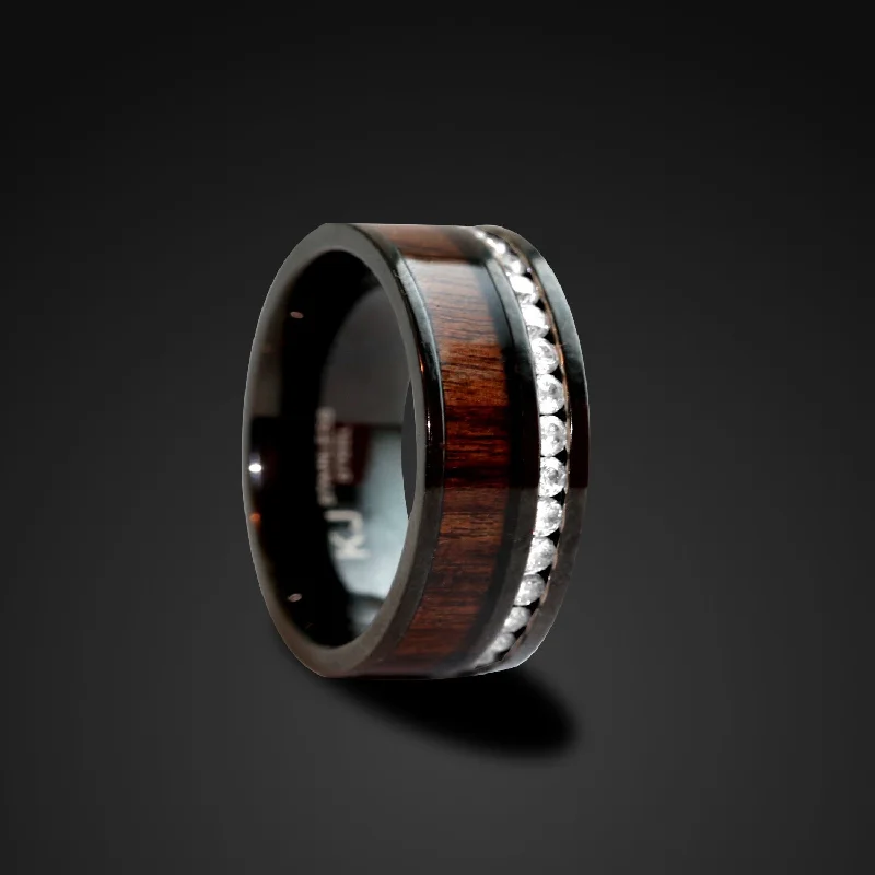 eternity diamond engagement rings -Hawaiian Koa Wood Ring Black Stainless Steel Wood Wedding Band 8mm