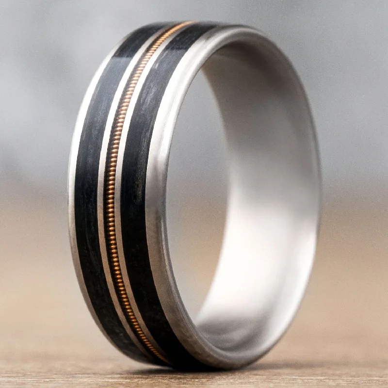 bridal engagement rings for women -The Man in Black | Men's Titanium Guitar String Wedding Band with Black Whiskey Barrel Wood