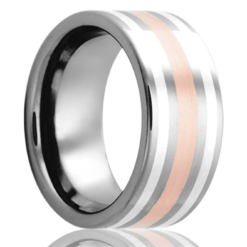 unique engagement rings for women -Tungsten 8mm Pipe Cut Men's Wedding Band with 14K Rose Gold & Argentium Silver Inlays