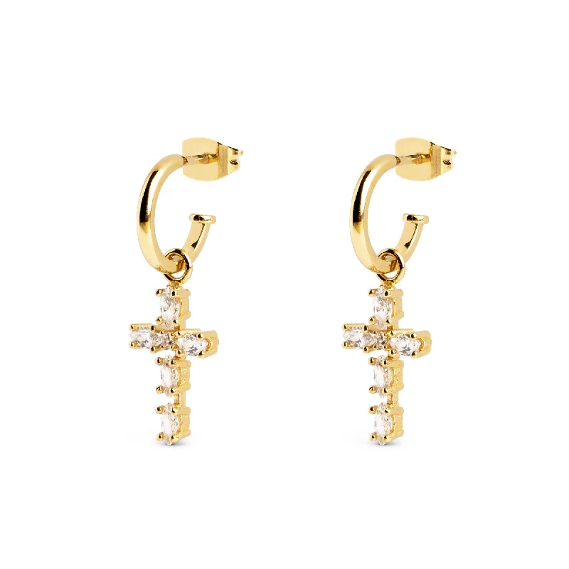 vintage pearl earrings for women -Cross Marquise Gold Earrings