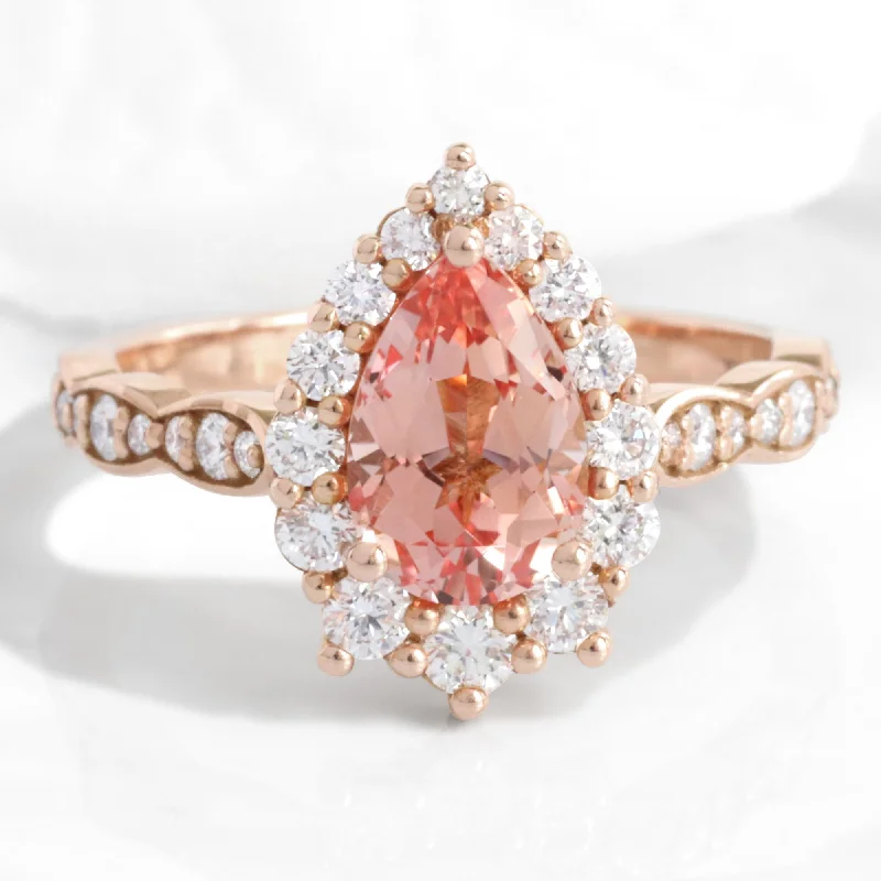 rose gold engagement rings for women -Large Pear Peach Sapphire Ring in 14k Rose Gold Tiara Halo Diamond Band, Size 6.25