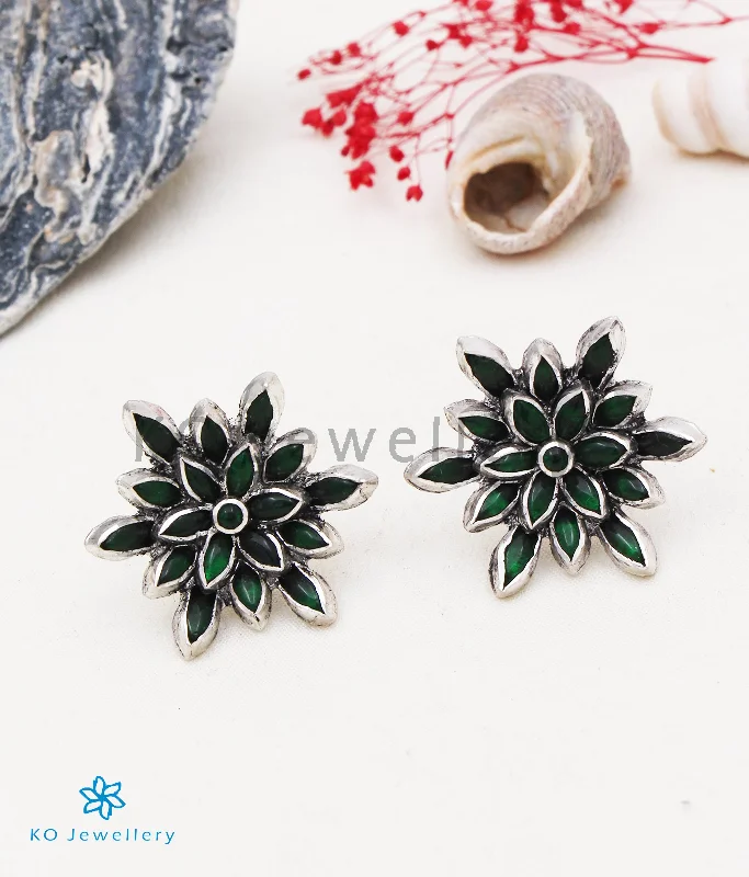 diamond hoop earrings for women -The Padma Silver Lotus Ear-studs (Green/Oxidised)