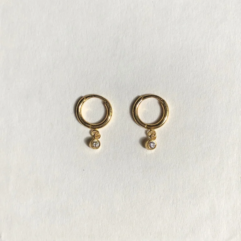 minimal gold earrings for women -Small Hoop Earrings with Hanging Diamonds, Solid 14k Gold, Single / Pair