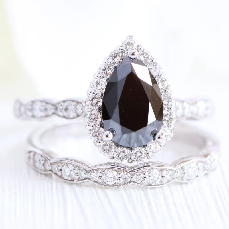 silver engagement rings for women -Luna Halo Black Diamond Pear Ring Set w/ Matching Scalloped Diamond Wedding Band