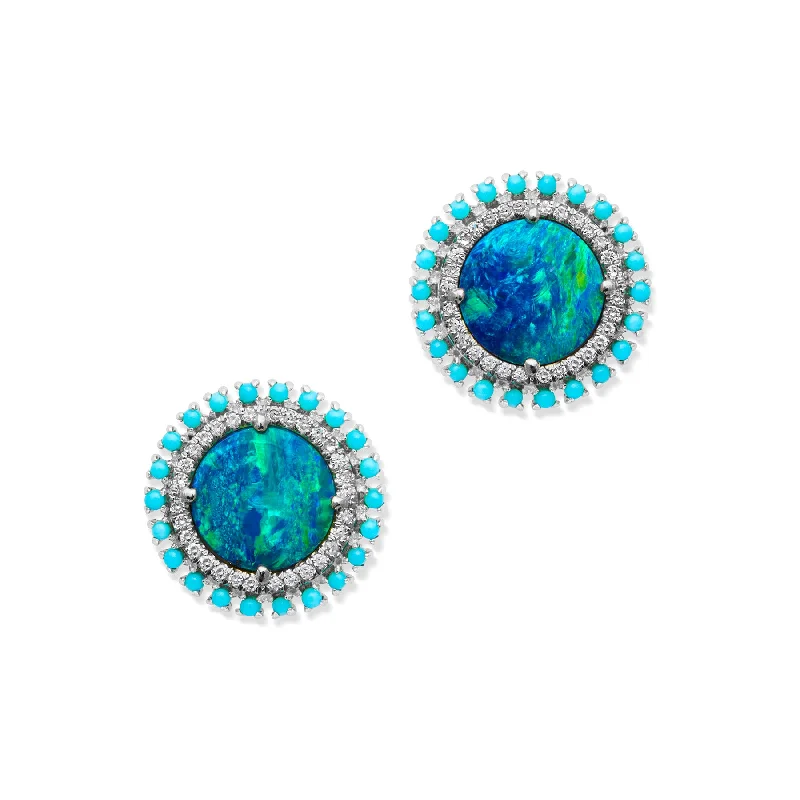 luxury earrings for brides -14KT White Gold Opal Turquoise Diamond Kai Stud Earrings