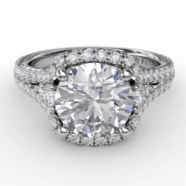 antique engagement rings for women -Cushion Halo Engagement Semi-Mount Ring With Side Stones and Double-Row Diamond Band