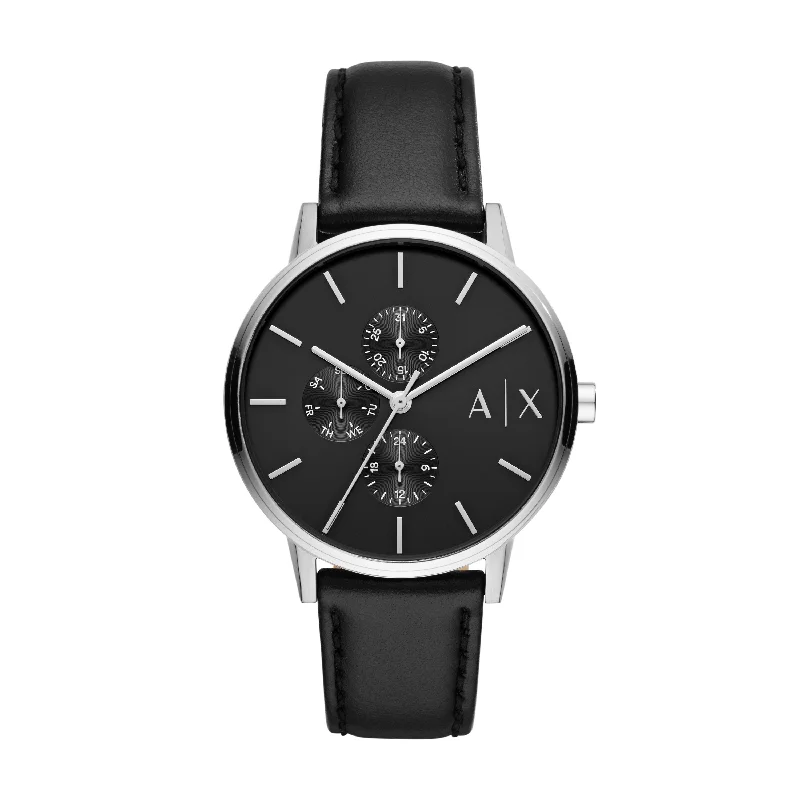 ARMANI EXCHANGE CAYDE BLACK FACE SILVER CASE LEATHER BAND