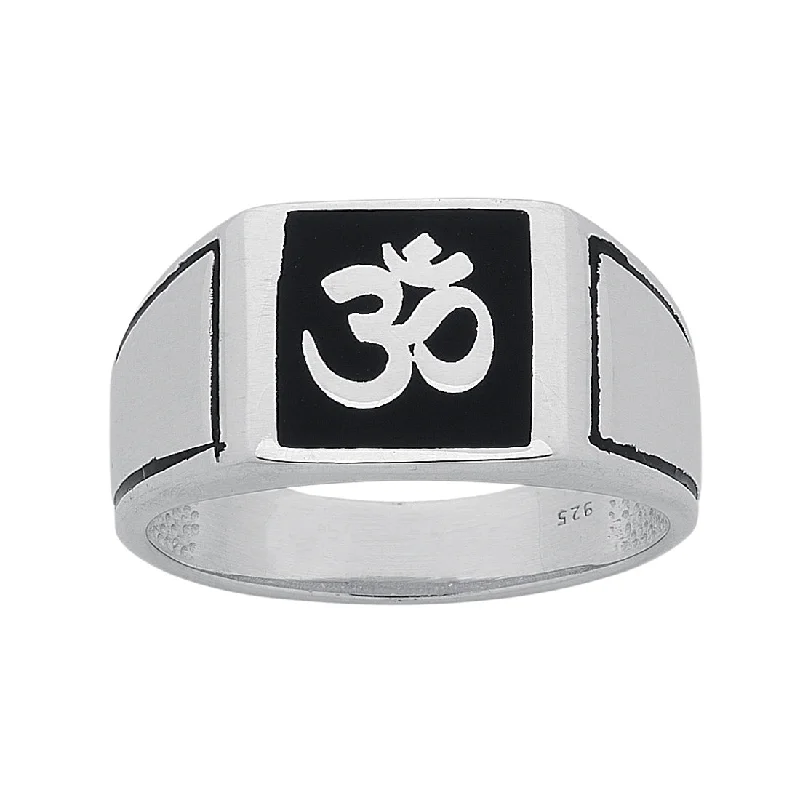 cute necklaces for women -Sterling Silver Black Enamel Mens 'Om' Ring