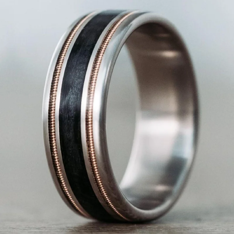 elegant engagement rings for women -The Bourbon Blues | Men's Black Whiskey Barrel & Titanium Wedding Band with Dual Guitar String Inlays