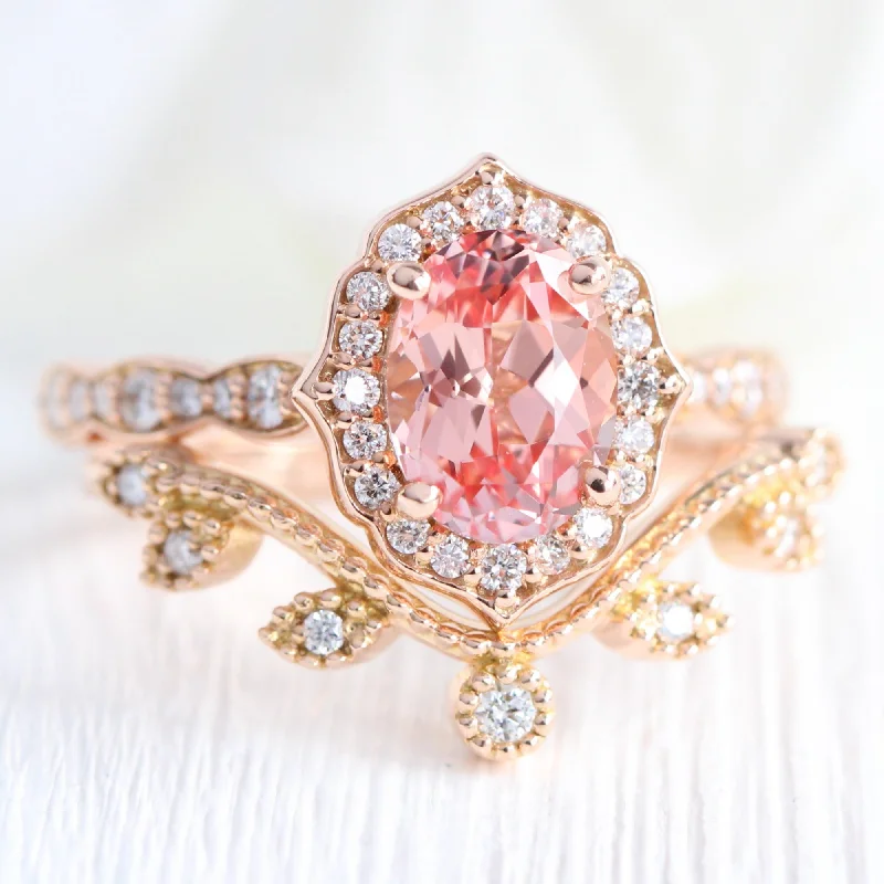 antique diamond engagement rings -Vintage Floral Oval Ring Bridal Set w/ Peach Sapphire and Curved Leaf Diamond Band