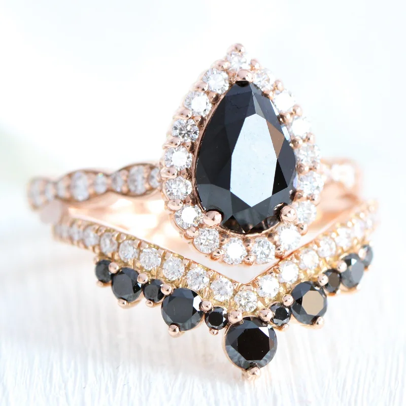 sapphire engagement rings for women -Luna Halo Black Diamond Pear Ring Set w/ Large Tiara Diamond Wedding Band