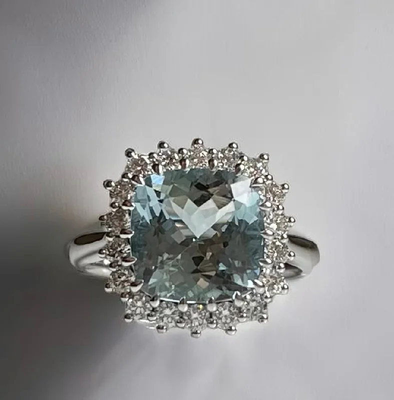 simple diamond engagement rings -6 Carat Aquamarine and Lab Diamond Halo White Gold Ring