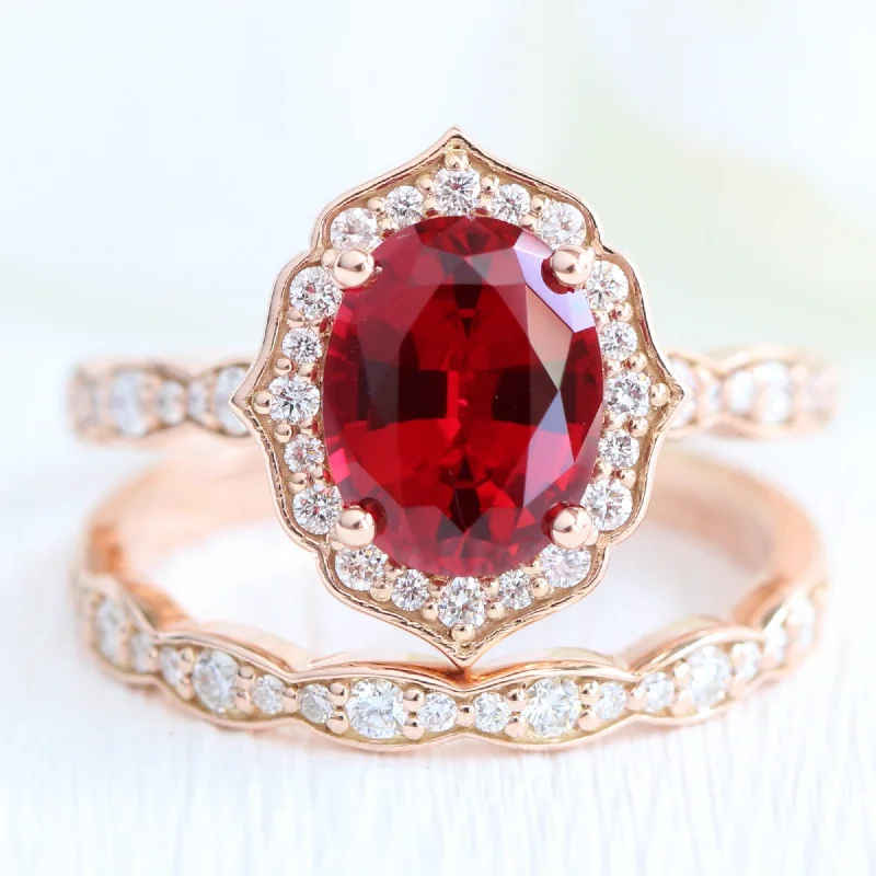 heirloom engagement rings for women -Large Vintage Floral Oval Ruby Ring Set w/ Scalloped Diamond Wedding Band