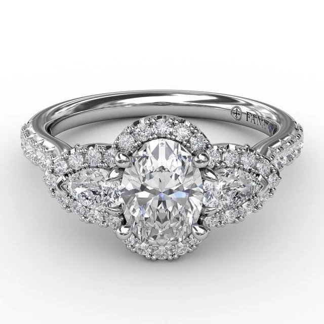 custom wedding engagement rings -Three-Stone Round Diamond Halo Engagement Semi-Mount Ring by Fana