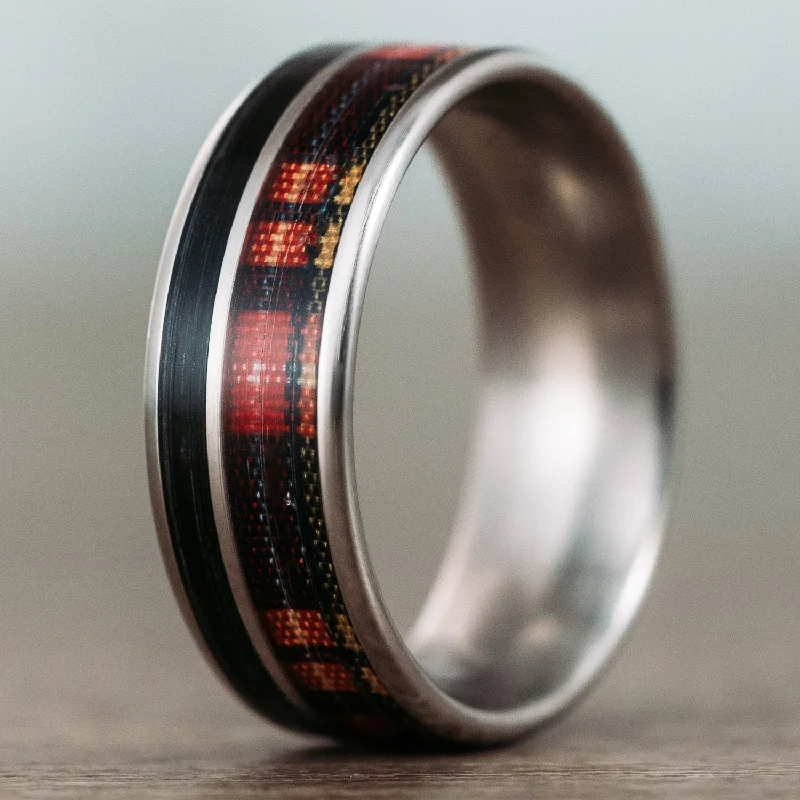 statement engagement rings for women -The Celtic | Men's Titanium Wedding Band with Tartan & Whiskey Barrel Wood