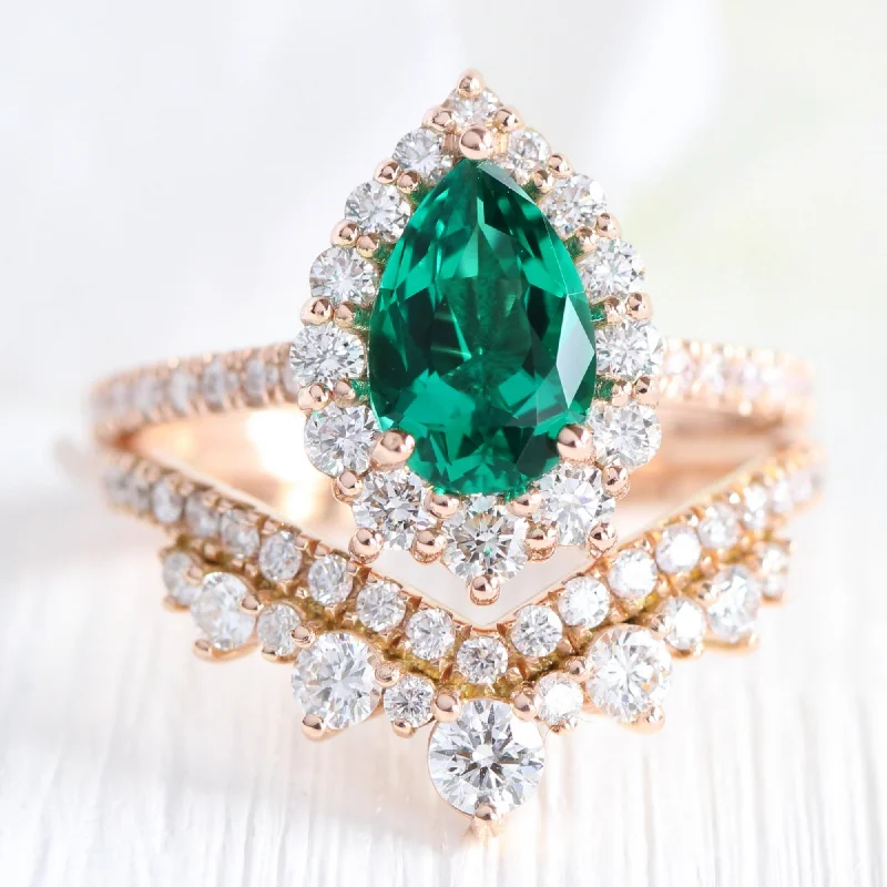 affordable wedding engagement rings -Large Tiara Halo Pave Ring Set w/ Pear Emerald and V Shaped Diamond Band