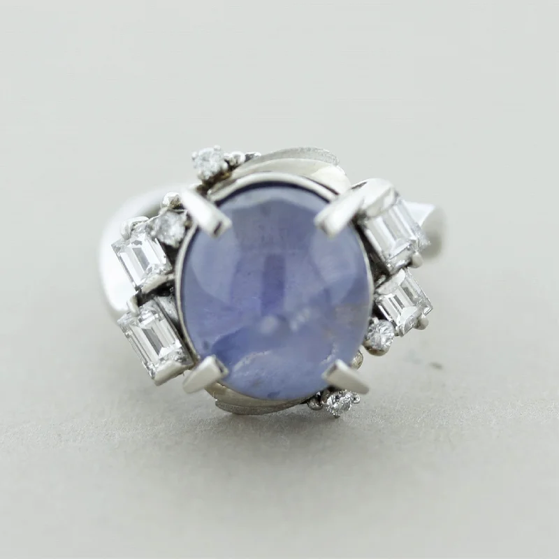 classic wedding engagement rings -Mid-Century Star-Sapphire Diamond Platinum Ring