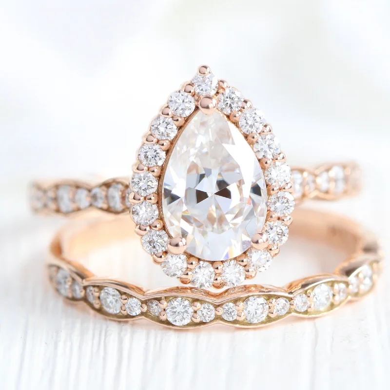 custom engagement rings for brides -Luna Halo Pear Ring Bridal Set w/ Moissanite and Scalloped Diamond Band