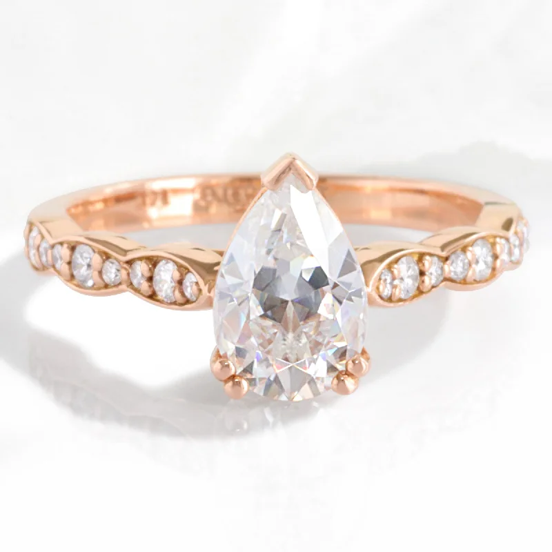 modern diamond engagement rings -Pear Moissanite Solitaire Ring in 14k Rose Gold Scalloped Diamond Band, Size 6.25