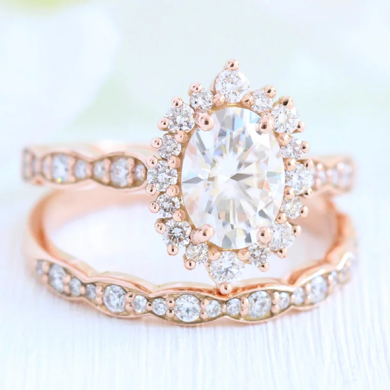 diamond engagement rings for women -Tiara Halo Scalloped Ring Set w/ Oval Moissanite and Matching Diamond Band