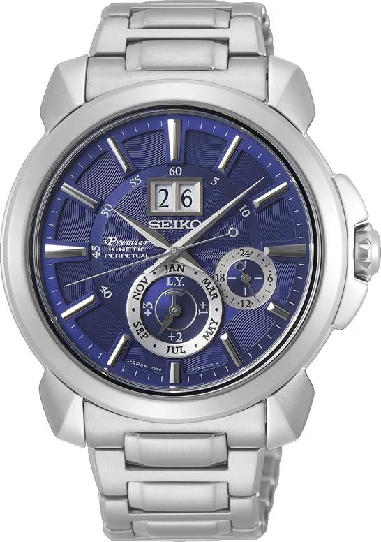 Seiko Premier Kinetic Perpetual Blue Dial Silver Band Men's Watch