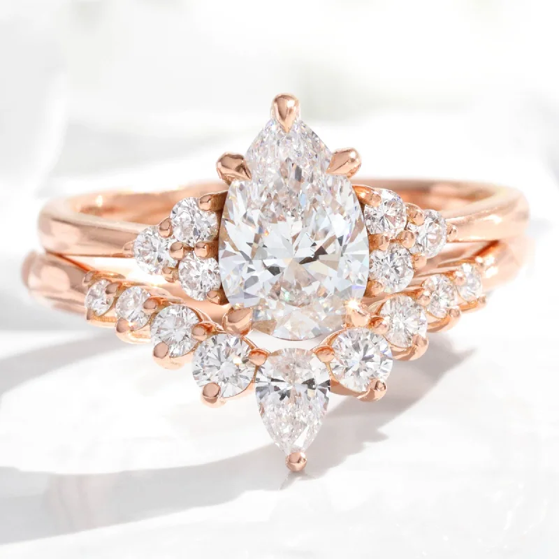 engagement rings for brides-to-be -1.78 Ct. Pear Lab Diamond 3 Stone Ring Set w/ Wishbone Wedding Band in Stella Setting