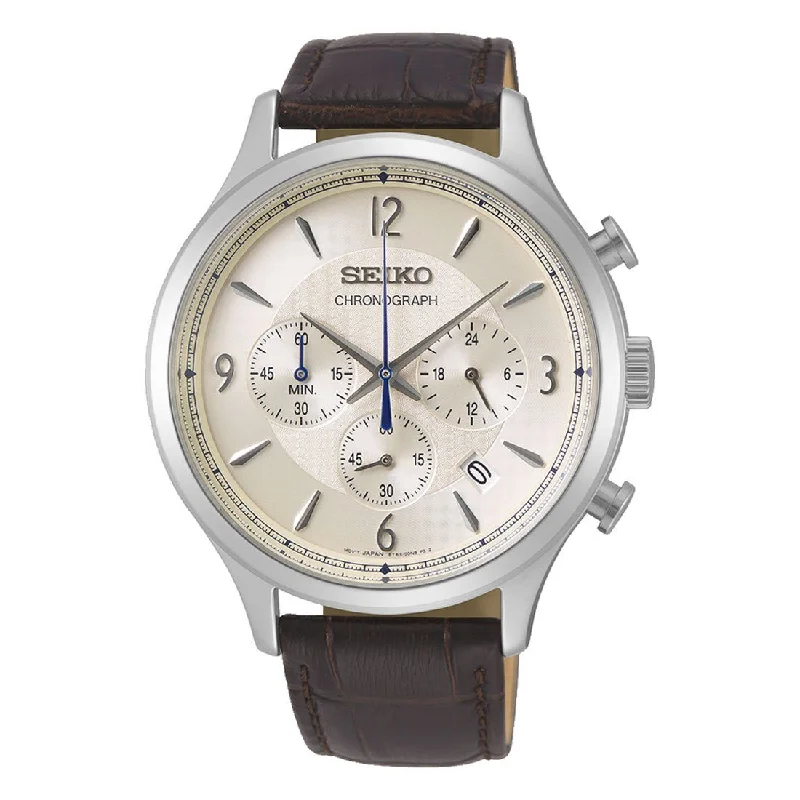 Seiko Men's Silver Case Brown Leather Chronograph Watch SSB341P