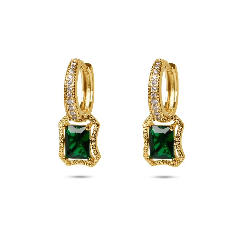 gold hoop earrings for weddings -THE GREEN EMERALD PAVE' HUGGIE EARRINGS