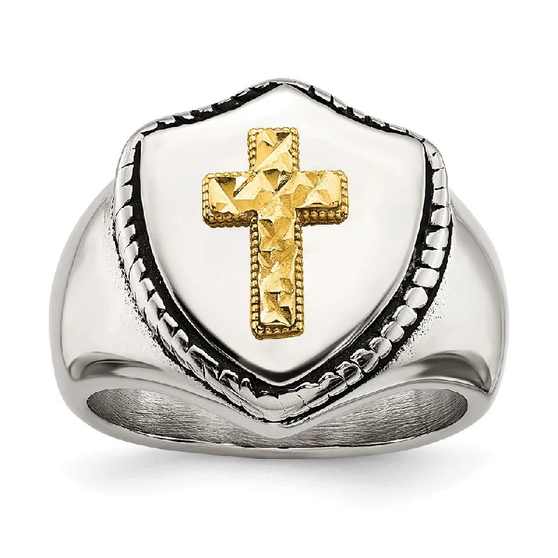 silver necklaces for women -Men's 18mm Stainless Steel & 14k Gold Accent Shield Cross Ring