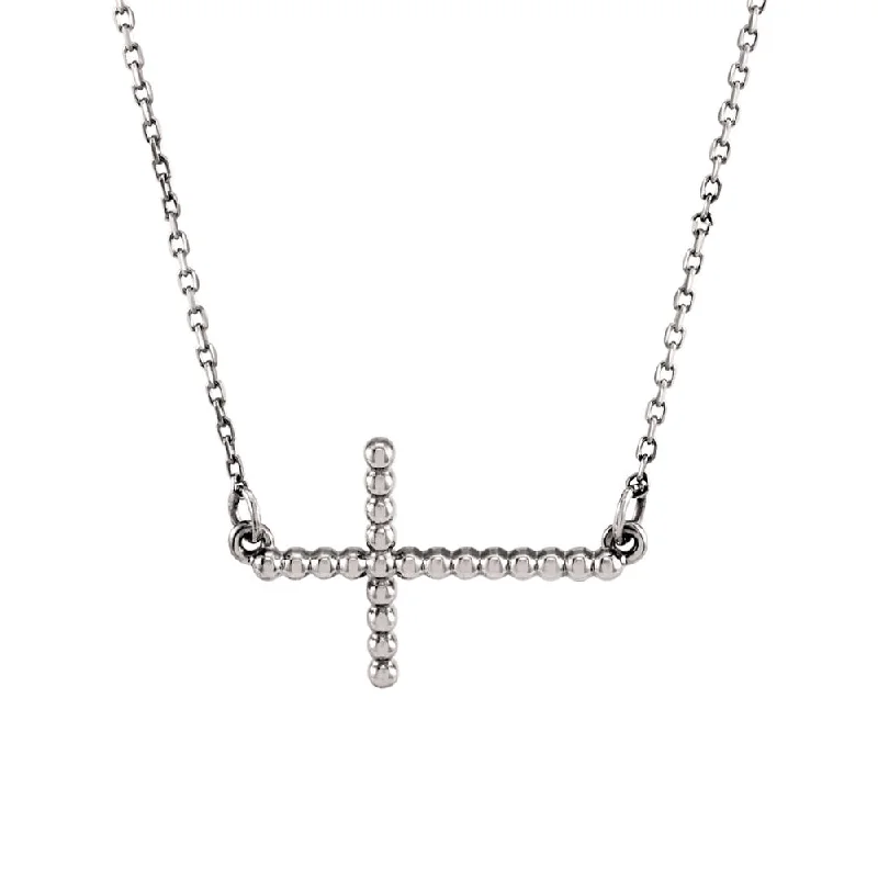 long gold necklaces for women -15.5mm Sideways Beaded Cross Necklace in 14k White Gold, 16.5 Inch