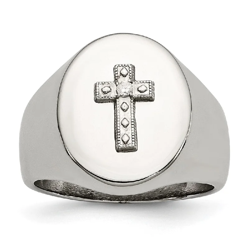 custom jewelry necklaces for women -17mm Stainless Steel, Sterling Silver Cross & CZ Tapered Ring