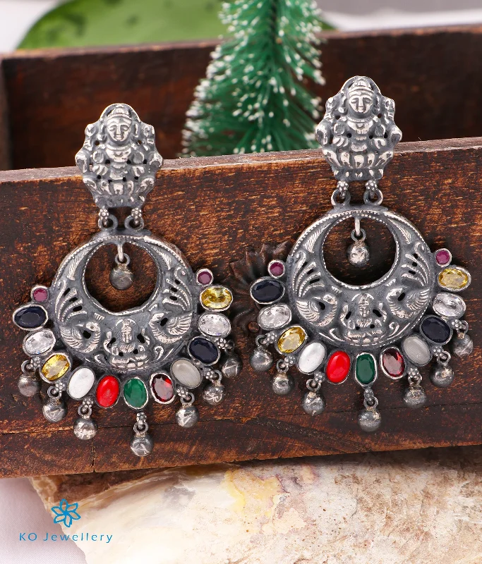 luxury earrings for brides -The Shraddha Antique Silver Navaratna Chand Bali (Oxidised)