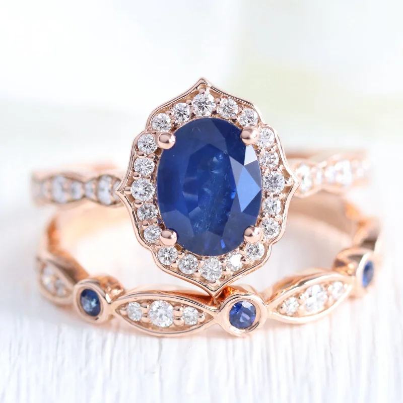 platinum wedding engagement rings -Vintage Floral Oval Ring Bridal Set w/ Natural Sapphire and Bezel Diamond Band