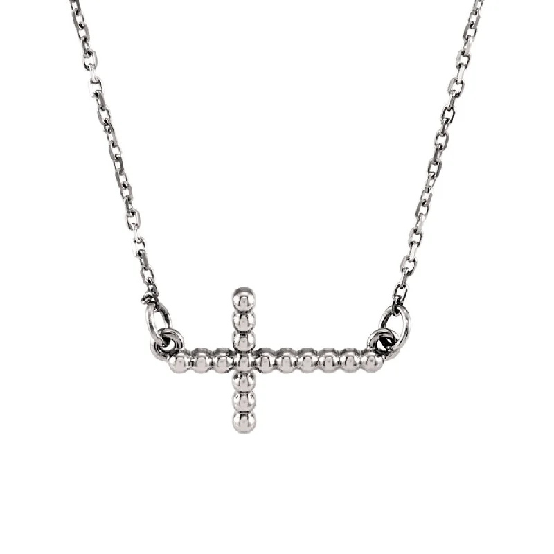 affordable gold necklaces for women -19.5mm Sideways Beaded Cross Necklace in 14k White Gold, 16.5 Inch