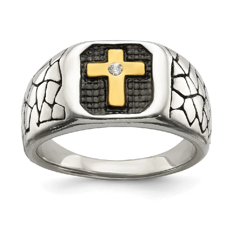 long necklaces for women -Men's 13mm Stainless Steel, Gold Tone Plated & CZ Cross Tapered Ring