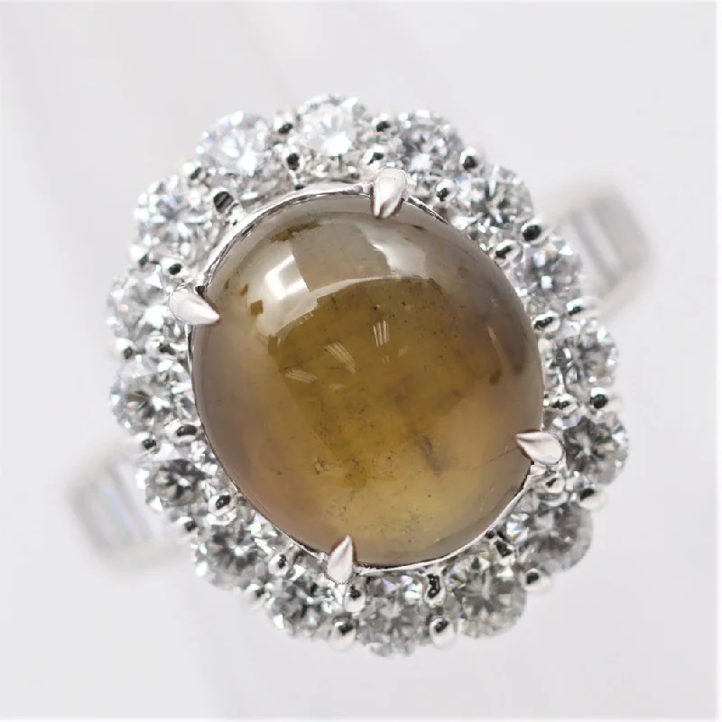 engagement rings with side stones -Gem Cat’s Eye Chrysoberyl Diamond Platinum Ring