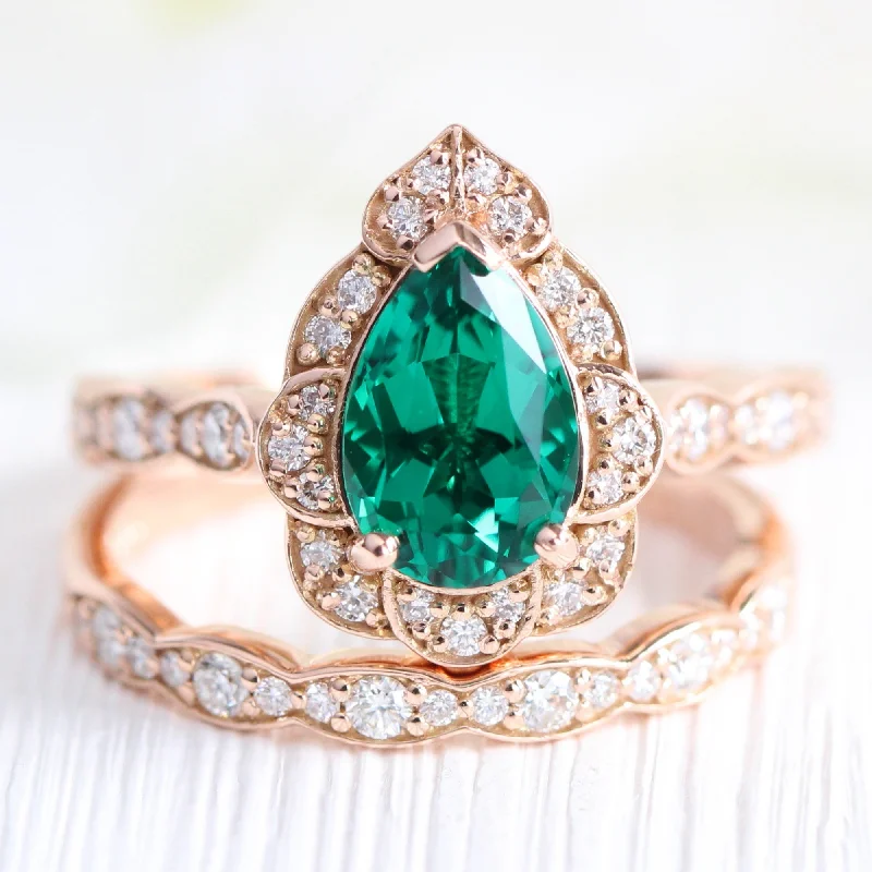 gemstone ring engagement sets -Large Vintage Floral Pear Ring Set w/ Emerald and Diamond in Scalloped Diamond Band