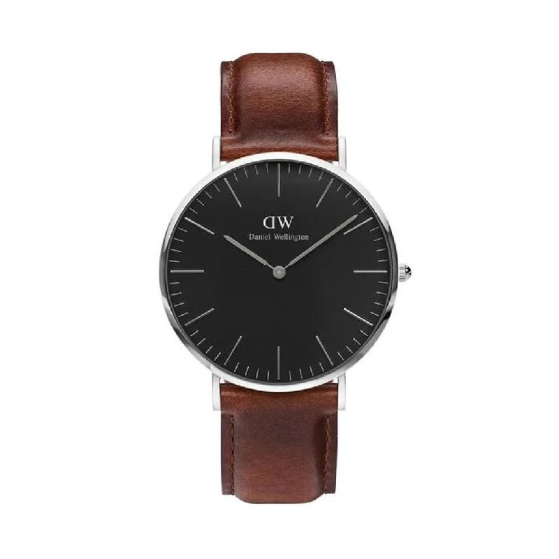 Daniel Wellington St Mawes Silver Dial Balck Fcae Brown Leather Band Model DW00100130