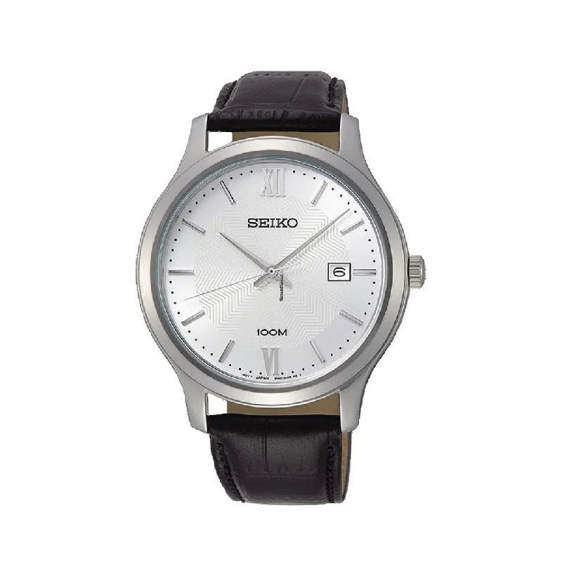 Seiko Mens Black Leather Watch SUR297P1