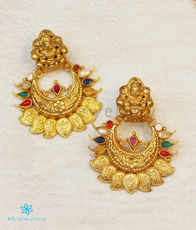 unique gold earrings for women -The Padmakshi Antique Silver Navaratna Chand Bali