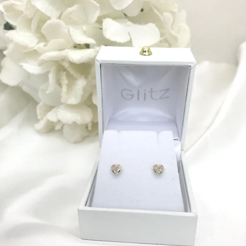 diamond drop earrings for women -14k Yellow Gold Heart CZ Screw back Earrings