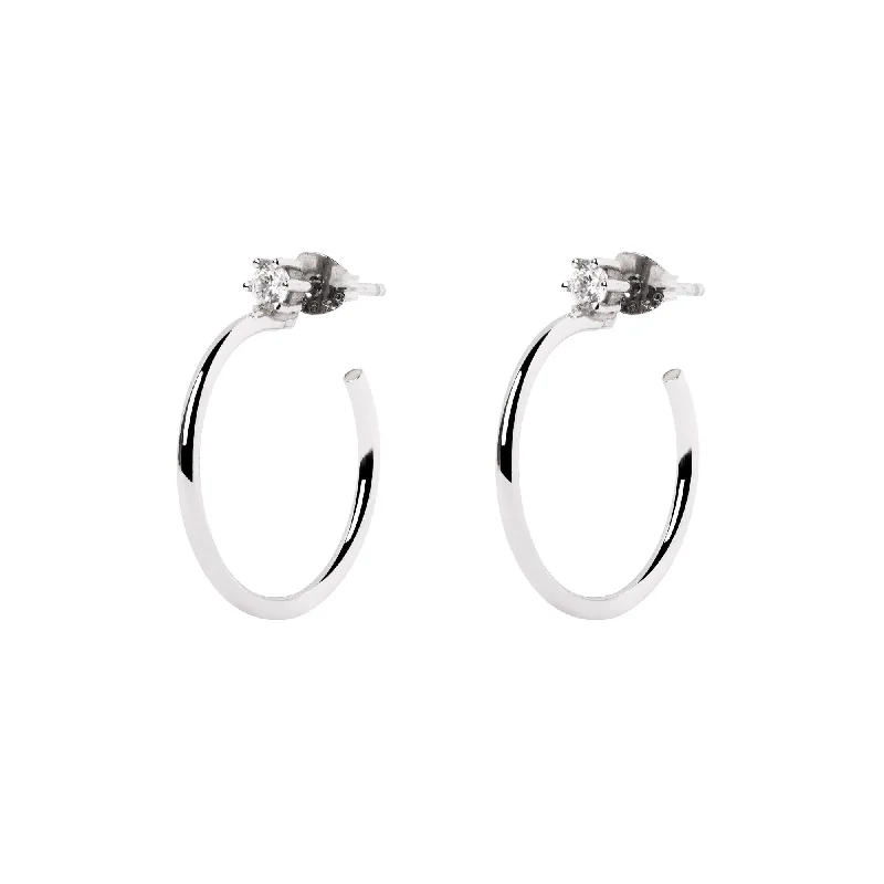 modern earrings for brides -Spark Silver Hoop M Earrings