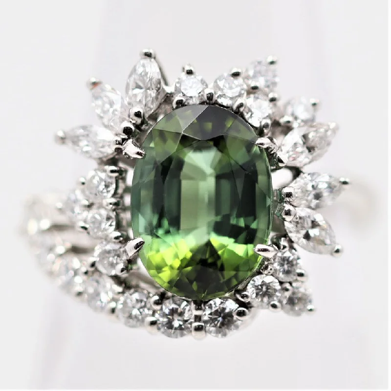 sparkly diamond engagement rings for women -Green Tourmaline Diamond Sunburst Platinum Ring