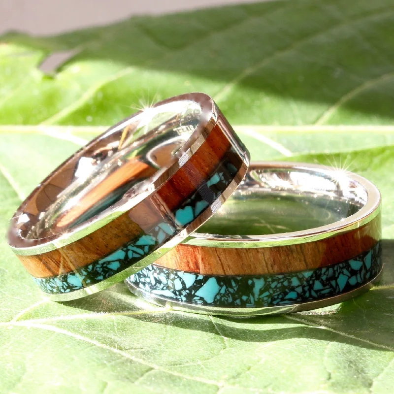 large gemstone engagement rings -Wood & Turquoise Wedding Band Set for Him and Her | His and Hers Wedding Bands