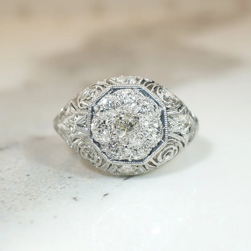 affordable wedding engagement rings -Old Mine Diamond Cluster in Ornate Platinum Ring