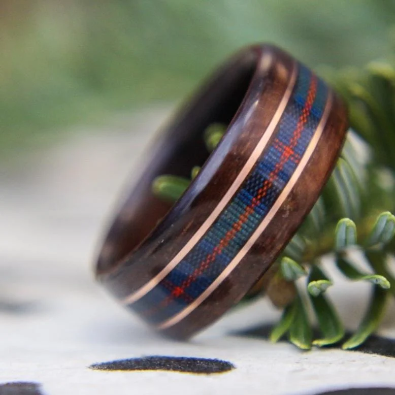 simple diamond engagement rings -Custom Tartan | Men's Rosewood Wedding Band with Custom Tartan & Dual Metal Inlays