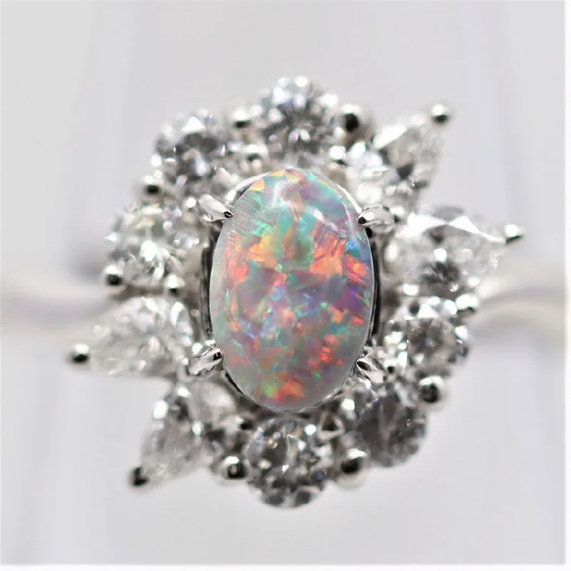 bridal engagement rings for women -Gem Australian Black Opal Diamond Platinum Ring